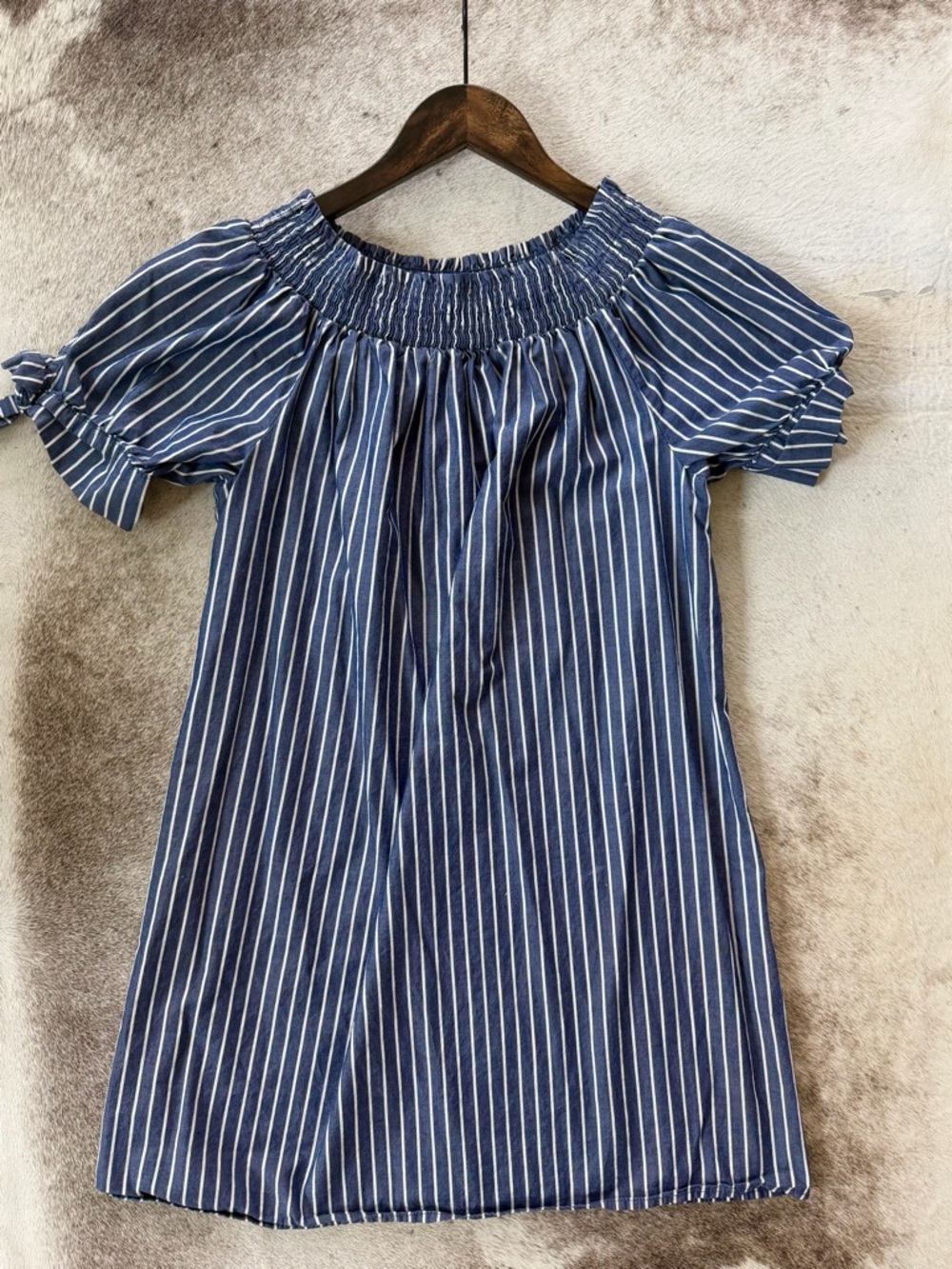 Tacera Women’s Large Navy Blue Striped Off-Shoulder Dress or Coverup